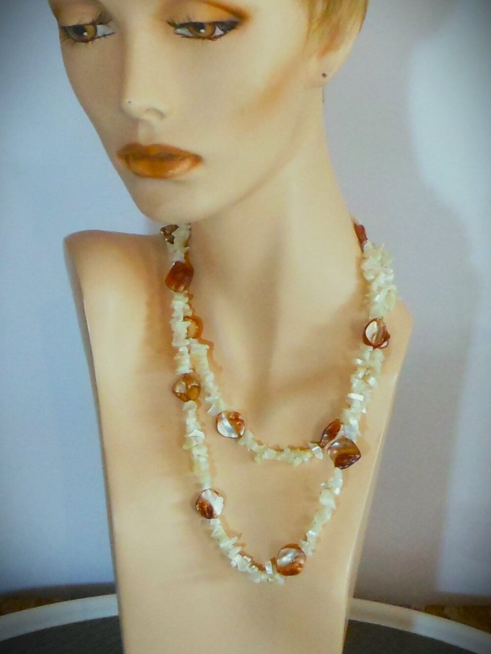 Long Natural Shell Necklace - Mother of Pearl & Natural Shell Beads
